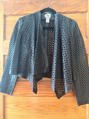 Milly Black Lamb Leather Perforated Open-Front Jacket
